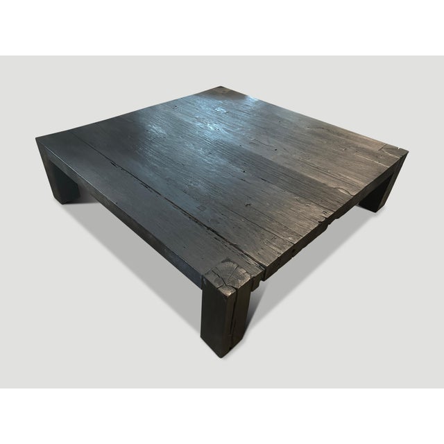 Over sized reclaimed wood coffee table. The solid block legs are 5″ x 5″ and the top is 3” thick. Charred, revealing the...