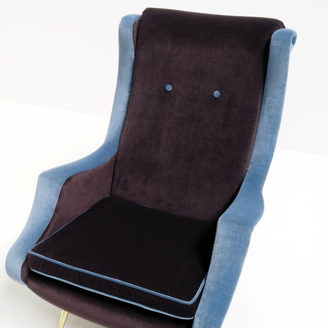 Blue High-Back Lounge Chair in Blue and Mauve Velvet, 1950s For Sale - Image 8 of 11