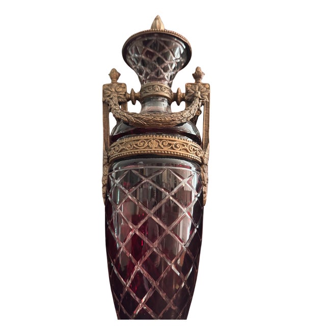 Tall Statement Antique Ruby Cut to Clear Crystal Lidded Urn With Second Empire Style Bronze Mounts For Sale - Image 12 of 18