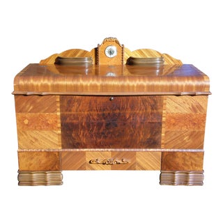 Antique Lane Art Deco Waterfall Cedar Chest Trunk with Lanshire Clock 1948 For Sale