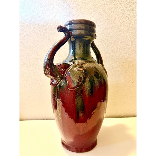 Vintage Oxblood Amphora Vase, Art Deco Red Elephant Handle, Cobalt Drip Glaze For Sale - Image 9 of 12