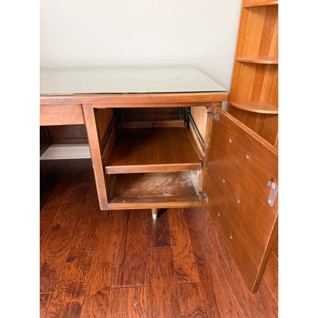 Brown 1950s Mid Century Walnut Executive Desk With Glass Top For Sale - Image 8 of 12
