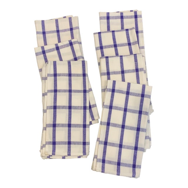 7 Vintage Napkins Blue and White Windowpane Check Cotton For Sale