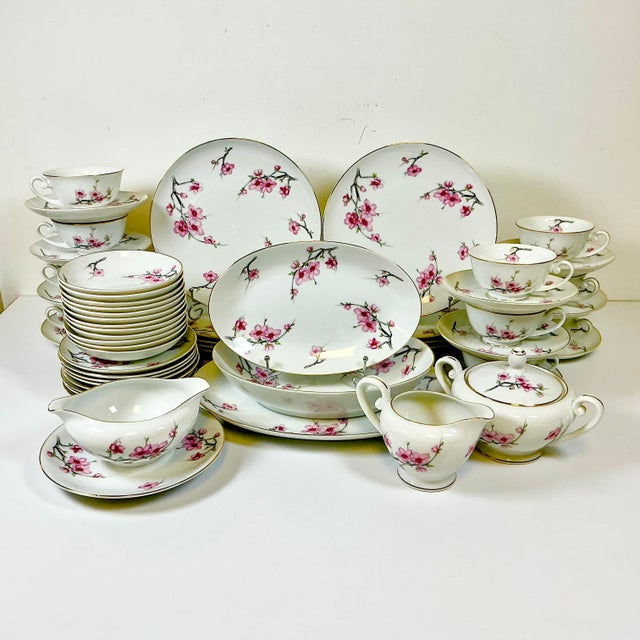 Japanese 1940s Vintage Hollywood Regency Japanese Minimalist Cherry Blossom Dinnerware - Set of 56 For Sale - Image 3 of 14