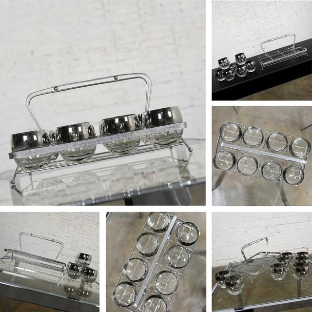 Vintage MCM Silver Fade Roly Poly Cocktail Glasses Set of 8 With Chrome Carrier Style of Dorothy Thorpe For Sale - Image 12 of 13