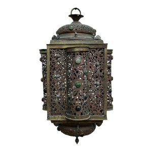 Antique Moroccan Brass and Glass Lantern or Light Fixture.