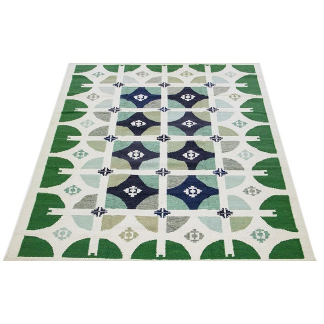 Contemporary 2010s Handmade Swedish Style Modern Wool Rug With Green Geo Abstract Motif For Sale - Image 3 of 7