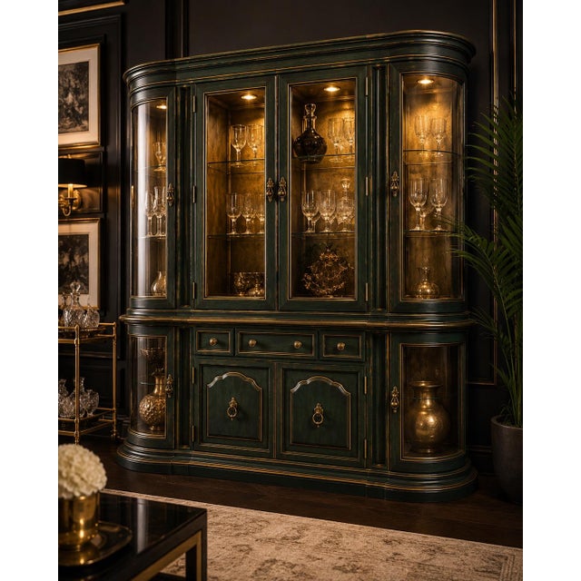 Hollywood Regency Mid 20th Century Emerald City Curved Glass Display Hutch / Hollywood Regency China Cabinet in Oxidized Emerald & Gold For Sale - Image 3 of 4