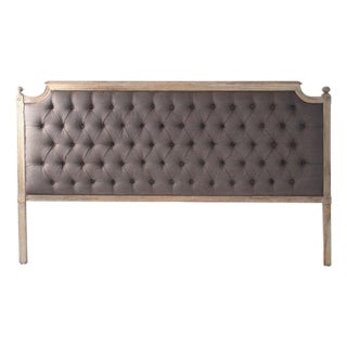 Louis Tufted Headboard, King in Eggplant Brown Linen with Limed Oak Frame For Sale
