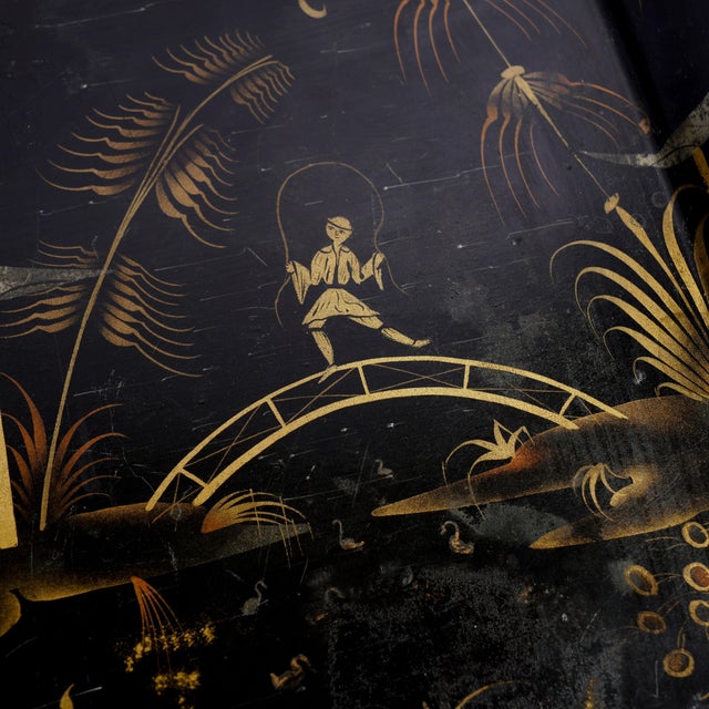Black English Chinoiserie Rolled Rim Tole Tray, C. 1830 For Sale - Image 8 of 14