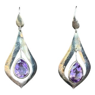 Vintage Sterling Silver Amethyst Drop Earrings For Sale