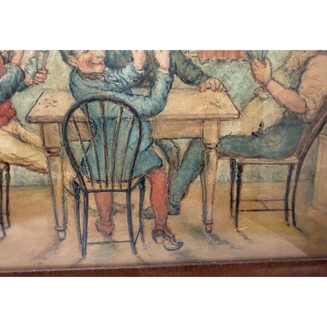 19th Century Antique 19th Century Original Men Playing Cards at Table Watercolor Painting For Sale - Image 5 of 13