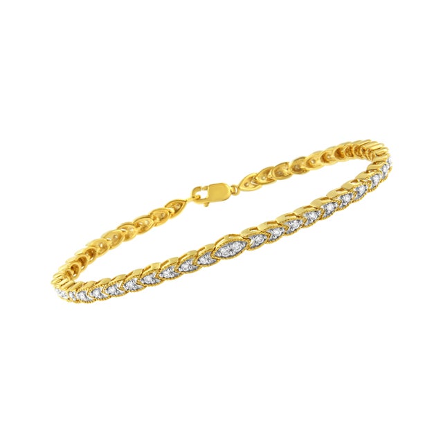 Contemporary 10K Yellow Gold Plated .925 Sterling Silver 1 cttw Prong-Set Diamond Pear Shape Link Bracelet (I-J Color, I1-I2 Clarity) - 7.25" For Sale - Image 3 of 7