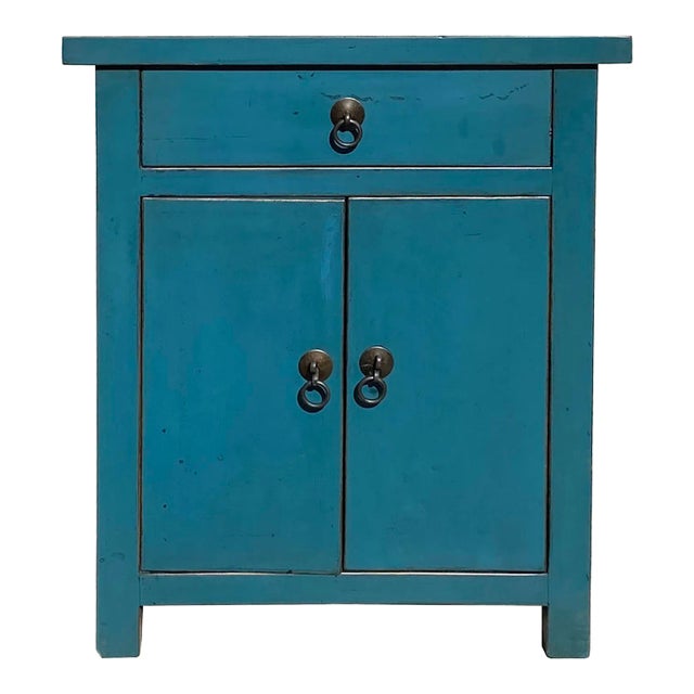 Distressed Bolection Blue One Drawer Simple End Table Nightstand For Sale