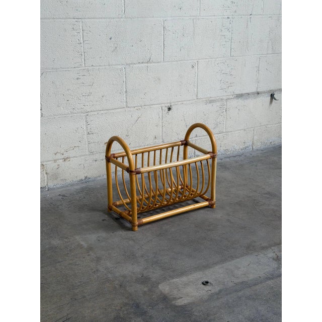 Mid-Century Modern Vintage Rattan Magazine Rack Newspaper Holder Boho Wicker Mid Century Stand For Sale - Image 3 of 10