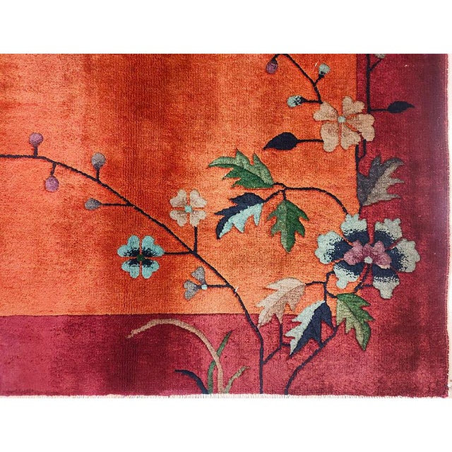 Red 1920s Antique Red Floral Knotted Wool Chinese Art Deco Small Scatter Rug For Sale - Image 8 of 9