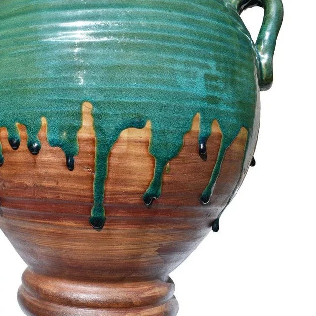 Chinoiserie Large Round Green and Brown Drip Glaze Ceramic Planter With Handles For Sale - Image 3 of 5