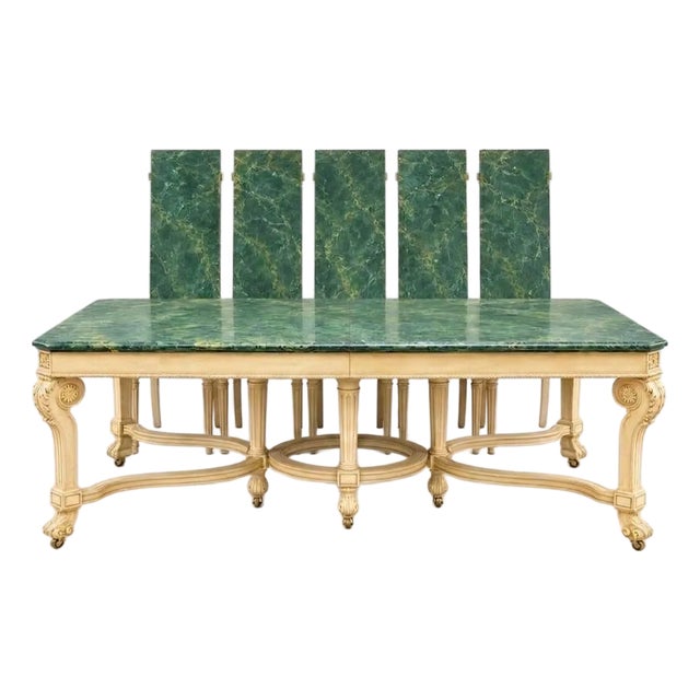 Mid-Century Italian Regency Style Faux Marble Painted Dining Table - 5 Leaves For Sale