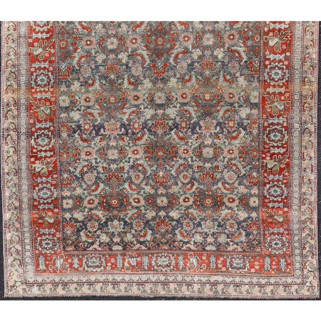 Antique Persian Bidjar Gallery Rug With Blue-Grey Field and Red Herati Design For Sale - Image 4 of 14