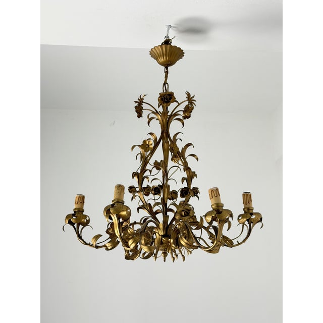 Gold Six-Light Floral Chandelier in Gold Metal, Italy, 1960 For Sale - Image 8 of 8