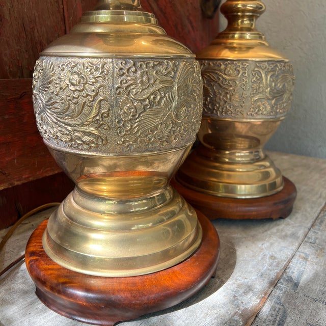1970s Vintage James Mont Style Brass Table Lamps With Wood Bases - Pair For Sale - Image 5 of 18