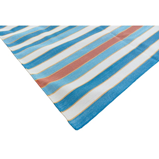 Cotton Vegetable Dyed Sky Blue, Terracotta And Mustard Striped Reversible Rug - 9'x12' These special flat-weave dhurries...