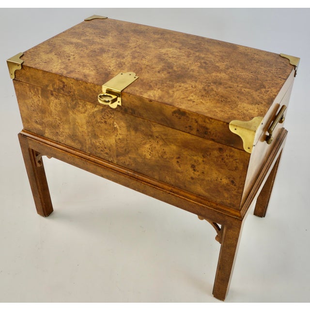 Vintage English Campaign style burl wood and brass storage trunk chest . Item features lift top, beautiful wood grain,...