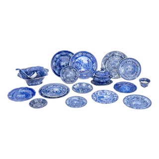 English Flow Blue Transferware Tableware, 20 Pcs. For Sale