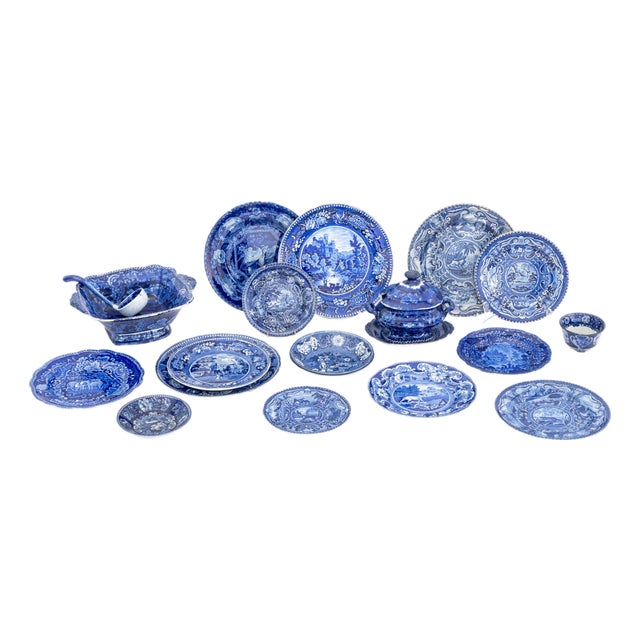 English Flow Blue Transferware Tableware, 20 Pcs. For Sale
