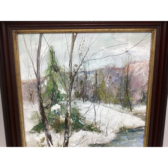1970s Impressionist Winter Landscape Painting Stacy Szmak, Oil on Masonite “Chilly Day” For Sale - Image 4 of 6