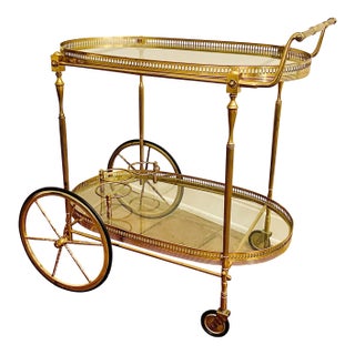 Rare 1940’s French Bar Cart, Drinks Trolley by Maison Bagués, Double Oval Glass Tops With Brass Fretwork Gallery Rails For Sale