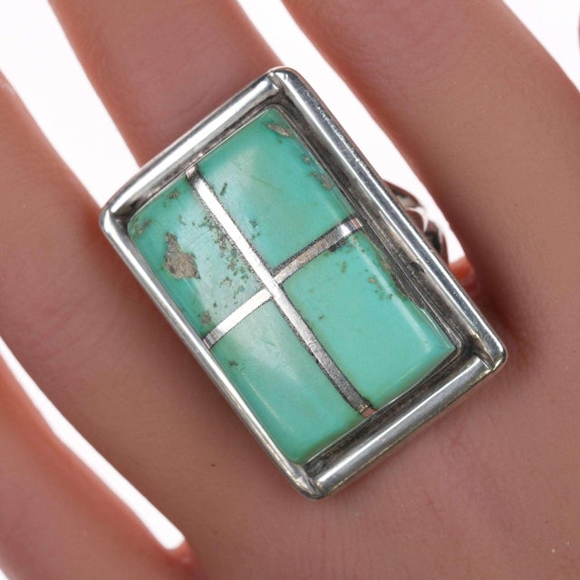 sz10 Large Native American Turquoise Sterling channel inlay ring 38mm face, 29 grams. All precious metals are tested, any...