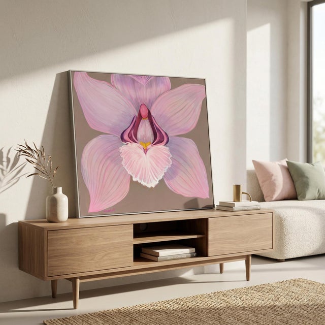 Soft yet powerful, this oversized 1977 signed painting captures the intimate beauty of a single orchid in full bloom....