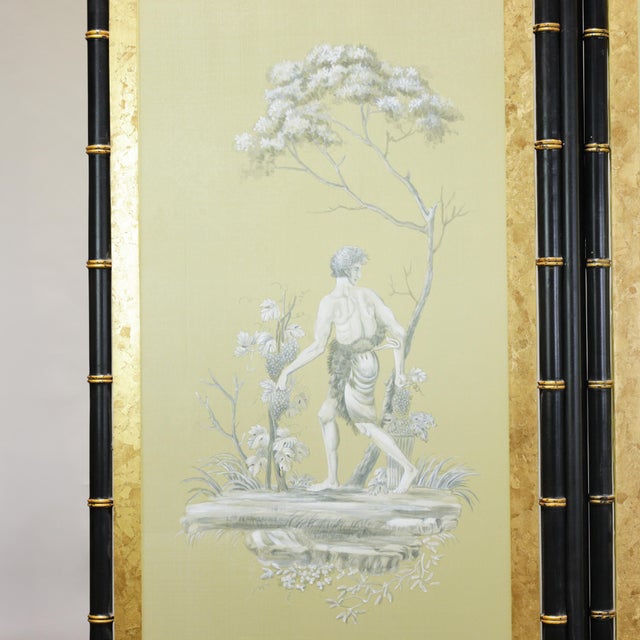 Wood Vintage Neoclassical Four-Panel Folding Screen – Hand-Painted Silk With Faux Bamboo Frame For Sale - Image 7 of 15