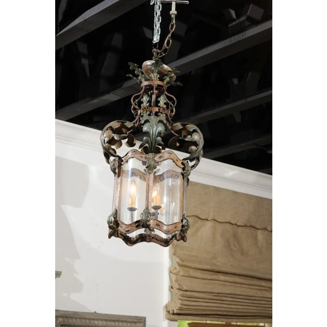 French 19th Century Three-Light Iron and Glass Lantern with Scrolling Leaves For Sale - Image 10 of 13