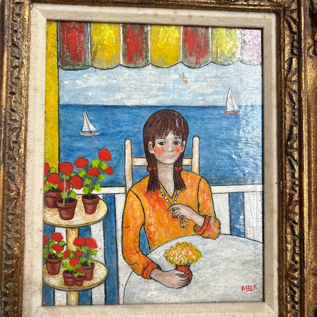1960’s folk art female portrait / seascape painting. Signed and framed. Measures 8x10 / 13x15 framed. Check out my shop...