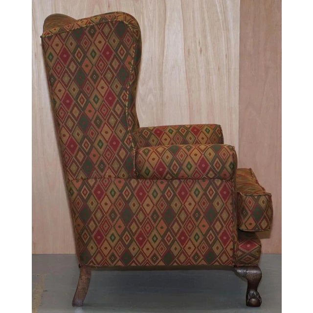 Vintage Wingback Armchair with Claw & Ball Feet and Kilim Style Upholstery For Sale - Image 14 of 18