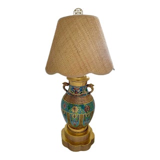 Late 20th Century Chinoiserie Style Cloisonné With Oriental Dragon Design Lamp and Wicker Shade For Sale