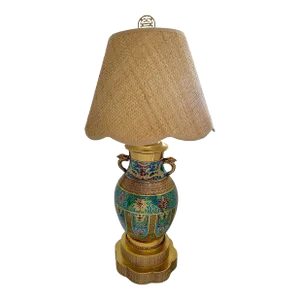 Late 20th Century Chinoiserie Style Cloisonné With Oriental Dragon Design Lamp and Wicker Shade