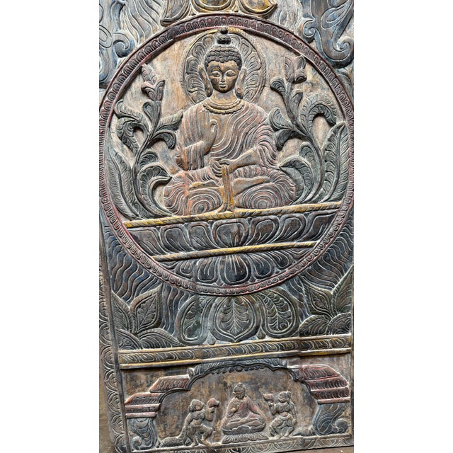 Mid-Century Modern Antique Moonlight Carved Buddha Door Panel Seated Buddha on Lotus Wood Wall Art Meditation 83x36 For Sale - Image 3 of 9