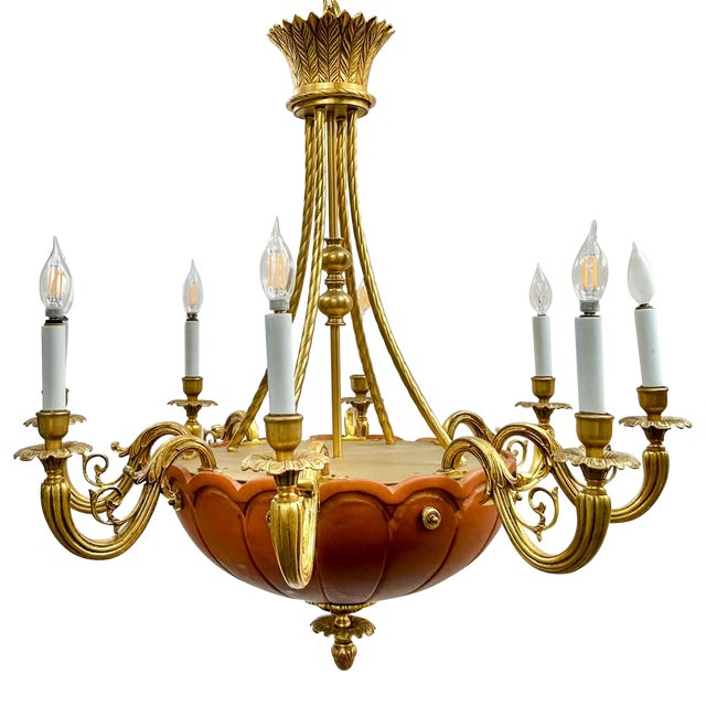 Large 1980s 12-Light Empire Style Chandelier With Alabaster Bowl For Sale