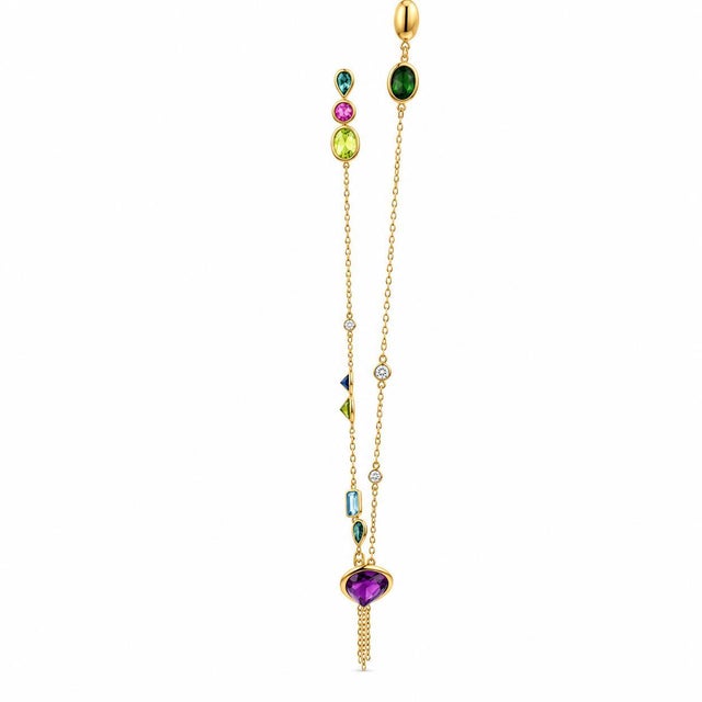 Early 21st Century 14k Gold Multi-Color Sapphire & Diamond Station Necklace For Sale - Image 5 of 7