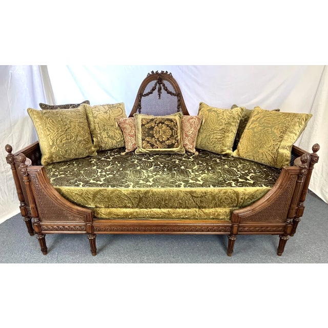 Antique French Cane Daybed With Carved Roses and Velvet Upholstery For Sale - Image 13 of 13
