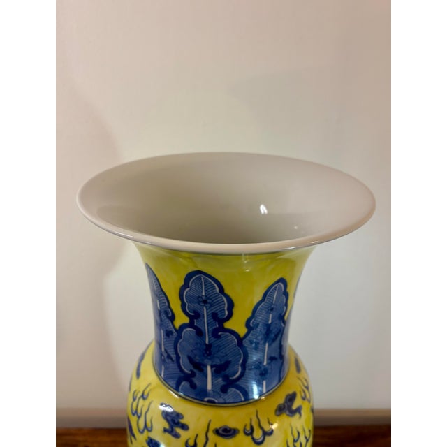 Hollywood Regency Vintage Chinese Yellow and Blue Dragon Porcelain Floor Vase, Hand Painted For Sale - Image 3 of 8