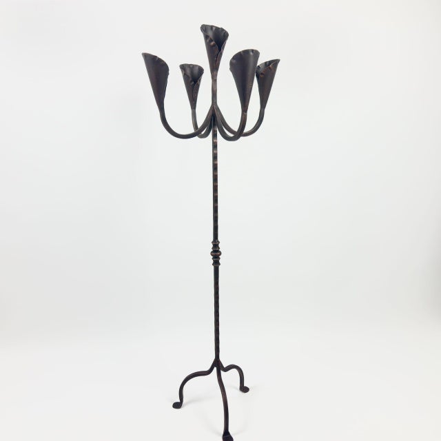 Black Hand Forged Iron Floor Candelabra 49″ (125cm) Antique Copper Patina 5-Arm Lily Cup Candle Holder Rustic Church Decor For Sale - Image 8 of 8