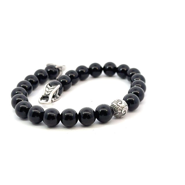 1990s David Yurman Estate Matte Onyx Carved Prayer Beads Bracelet 8.5" Silver For Sale In New York - Image 6 of 12