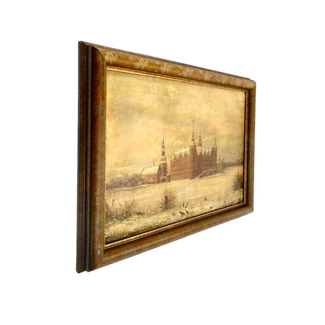 Antique Oil Painting of Frederiksborg Castle in the Winter For Sale - Image 4 of 8