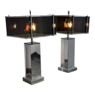 Charles Hollis Jones Modern Chrome + Smoked Acrylic Table Lamps, Circa 1970's For Sale