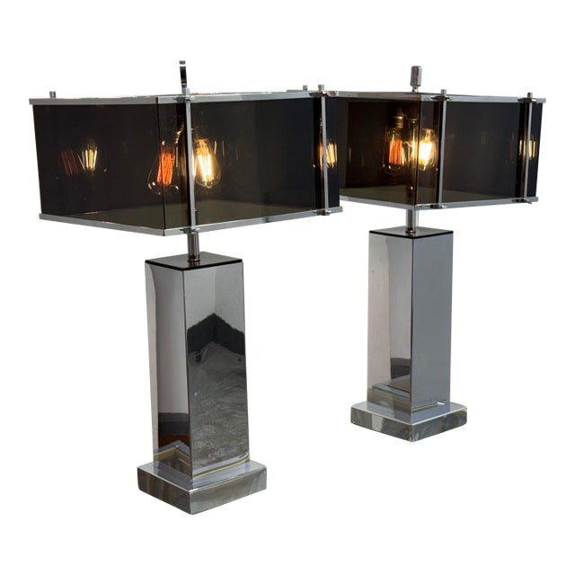 Charles Hollis Jones Modern Chrome + Smoked Acrylic Table Lamps, Circa 1970's For Sale