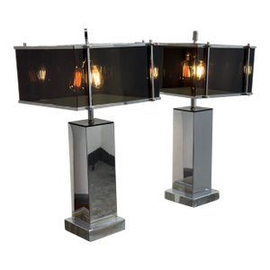 Charles Hollis Jones Modern Chrome + Smoked Acrylic Table Lamps, Circa 1970's